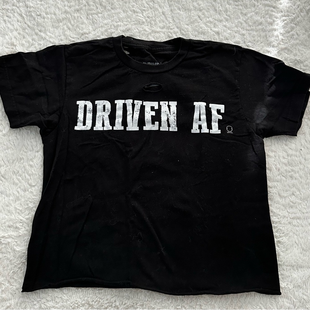 The Drive Clothing “driven af” pre cropped and pre cut gym shirt.